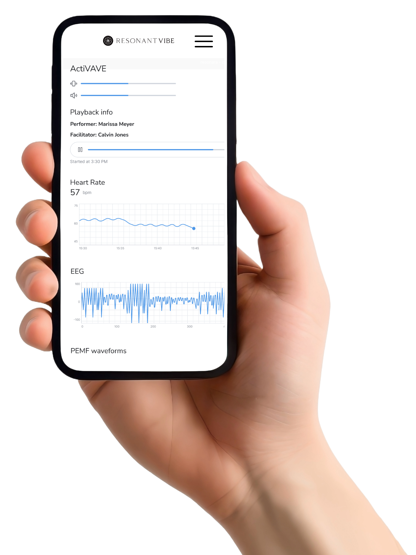 VAVE™ App showing live biofeedback and session controls Hand holding a smartphone displaying the VAVE™ App interface with real-time biofeedback including heart rate, EEG, and PEMF waveforms